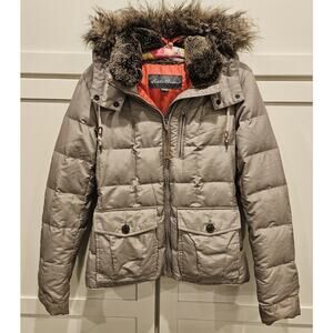Eddie Bauer Jacket Women's Size Small Goose Down Puffer Faux Fur Hooded Full Zip
